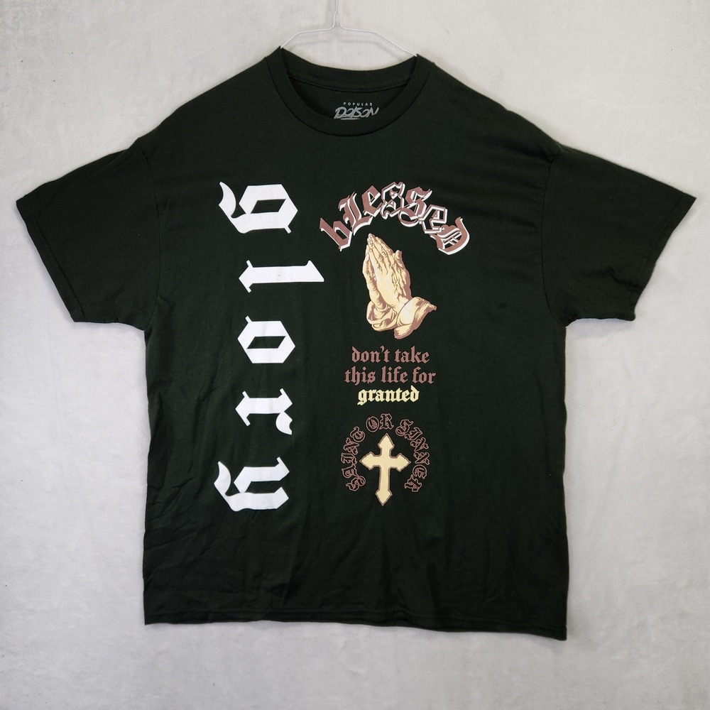 Popular Poison‎ Mens XL Glory Blessed Praying Hands Graphic T-Shirt Dark Green